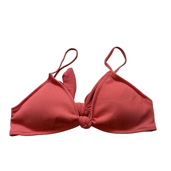 NWT, Aerie Coral Ribbed Padded Knot Front Tie Back Padded Bikini Top, Sz L - Picture 2 of 12